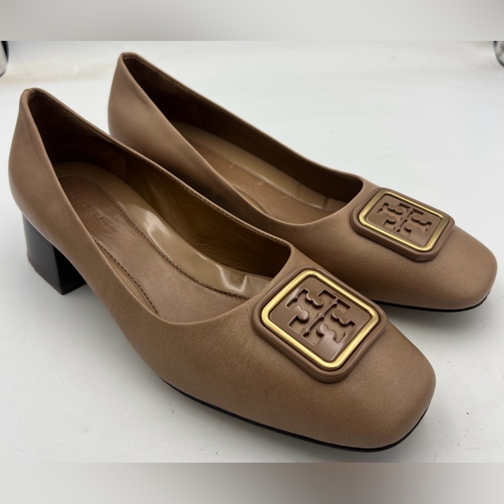 Tory Burch Beige Brown Leather Block Heel Pumps with Gold Logo Accent